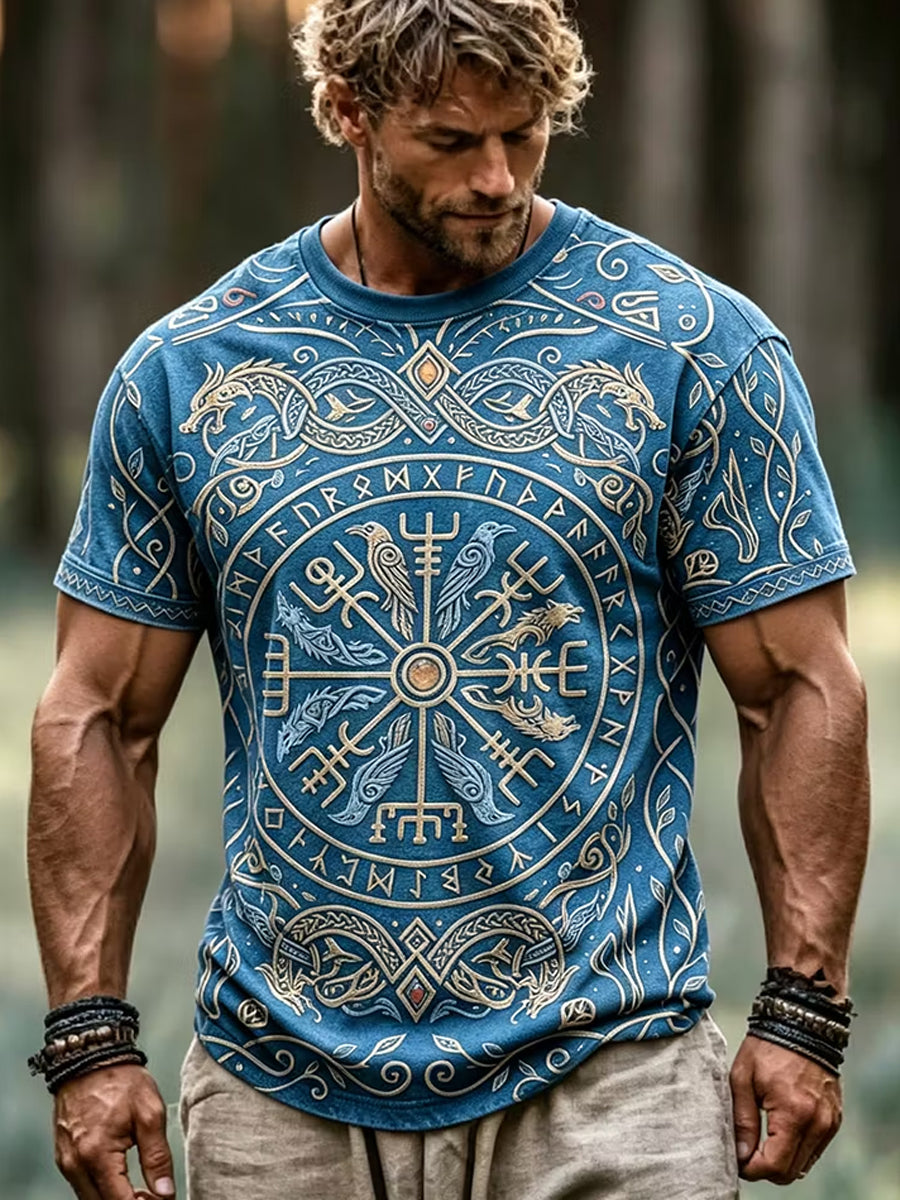 Herren-Retro-Viking-Art-Print-Lässiges T-Shirt