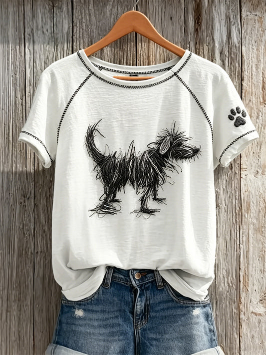 Damen Fuzzy Dog Kurz ärmel iges T-Shirt mit abstraktem Kunst-und Pfoten druck