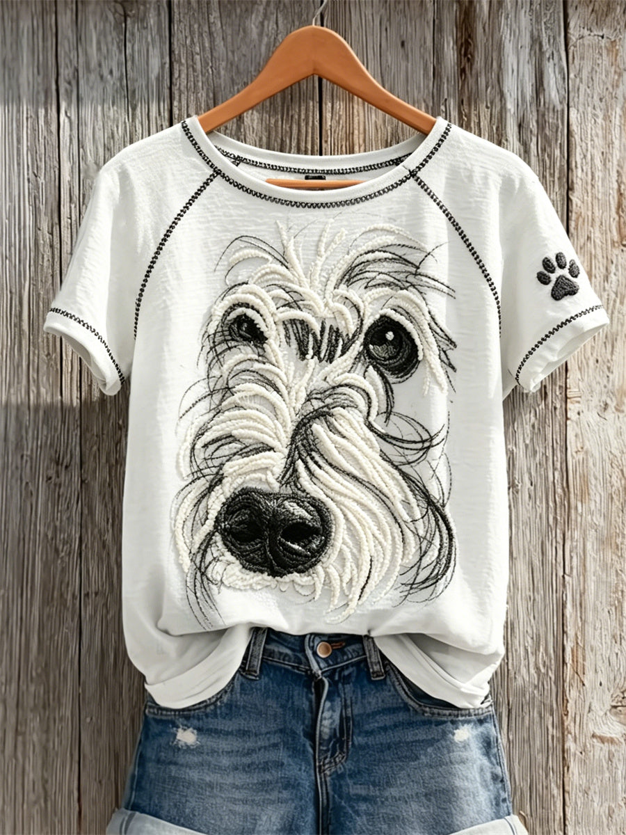 Frauen Fuzzy Malteser Hunde gesicht Kurz ärmel iges T-Shirt mit abstraktem Kunst-und Pfoten druck