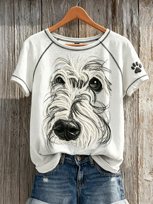 Frauen Fuzzy Malteser Hunde gesicht Kurz ärmel iges T-Shirt mit abstraktem Kunst-und Pfoten druck