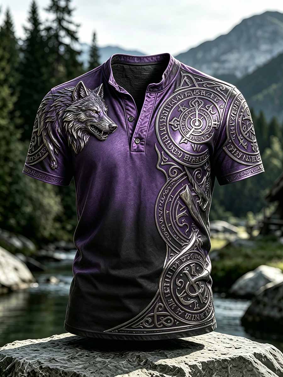 Herren Vintage Viking Celtic Knoten Wolf Print Casual T-Shirt