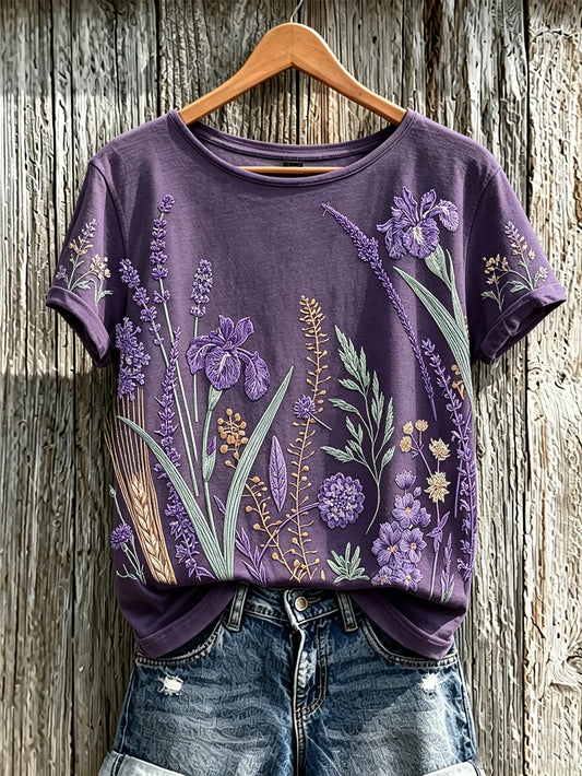 Bedrucktes lässiges T-Shirt mit lila Pflanzen blumen muster für Frauen