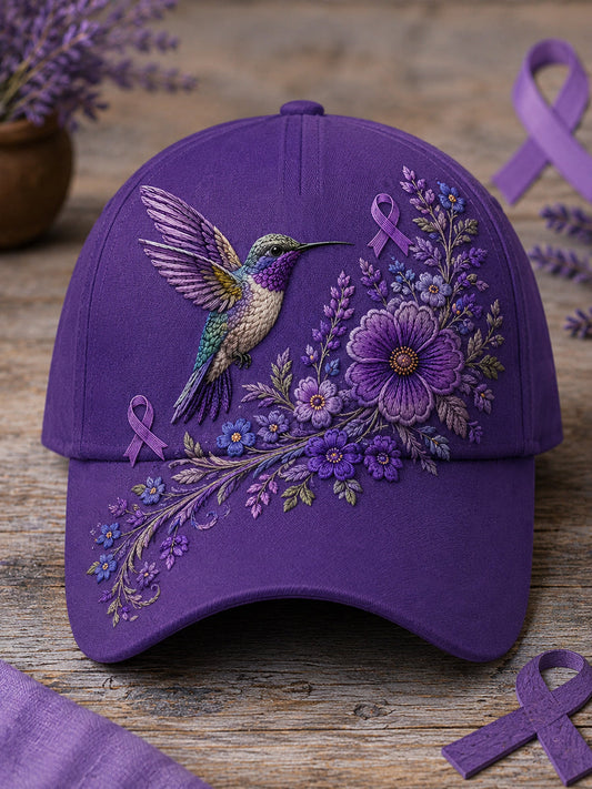 Unisex-Mütze in Lila mit Blumen- und Kolibri‑Muster zur Sensibilisierung für die Alzheimer‑Krankheit