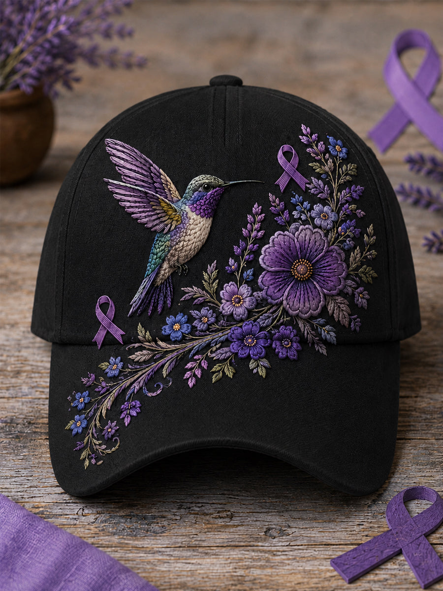 Unisex-Mütze in Lila mit Blumen- und Kolibri‑Muster zur Sensibilisierung für die Alzheimer‑Krankheit
