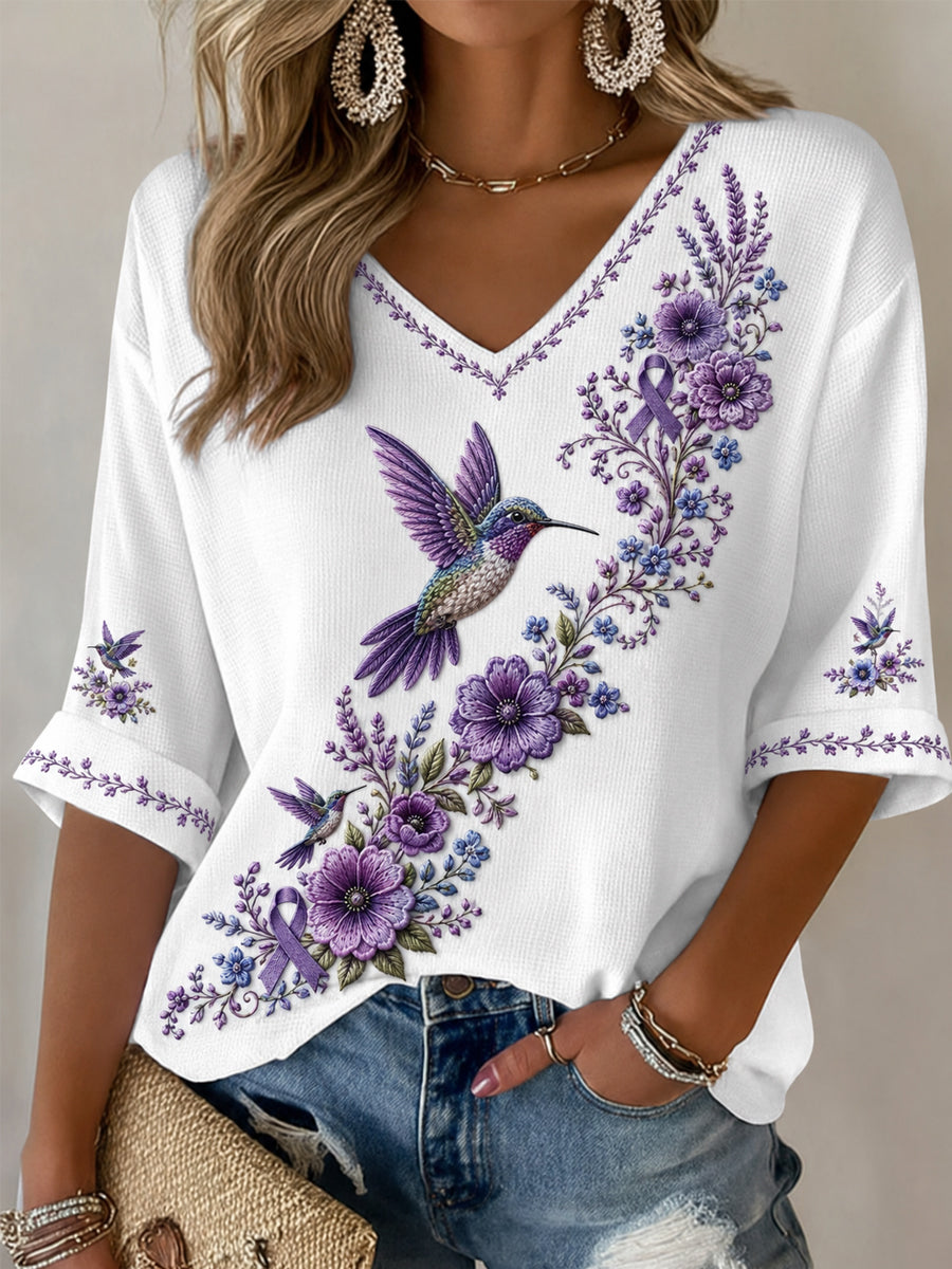 Frauen lila Blumen-und Kolibri druck Alzheimer-Bewusstseins unterstützung mit halben Ärmeln V-Ausschnitt T-Shirt