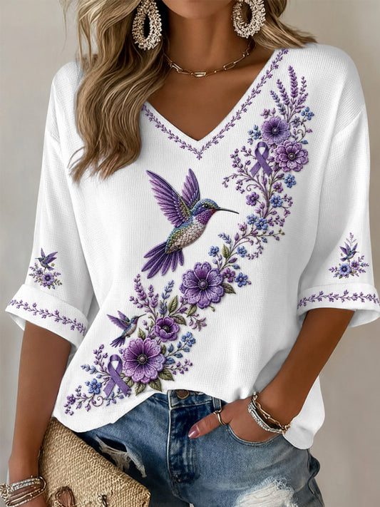 Frauen lila Blumen-und Kolibri druck Alzheimer-Bewusstseins unterstützung mit halben Ärmeln V-Ausschnitt T-Shirt