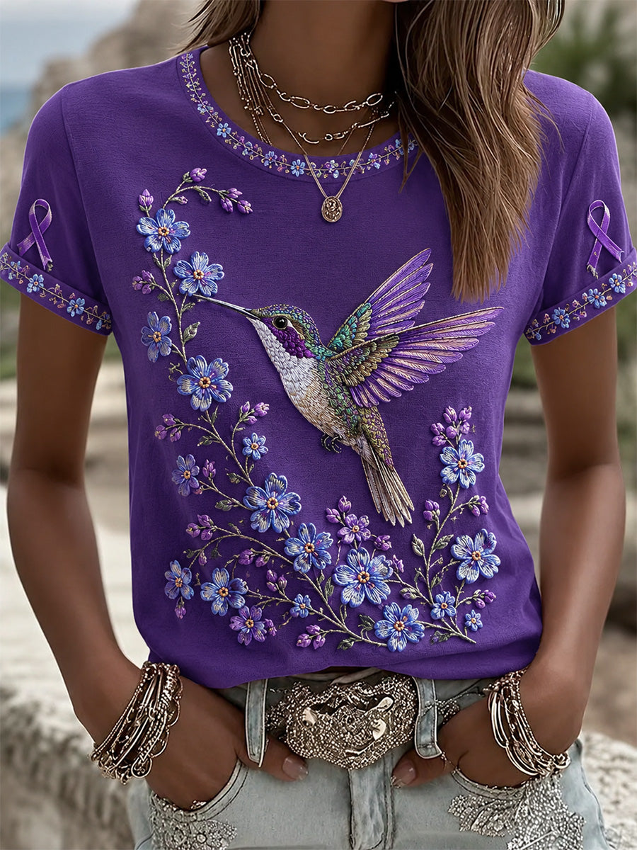 Frauen Lila Blumen-und Kolibri druck Alzheimer-Sensi bilisierung support T-Shirt