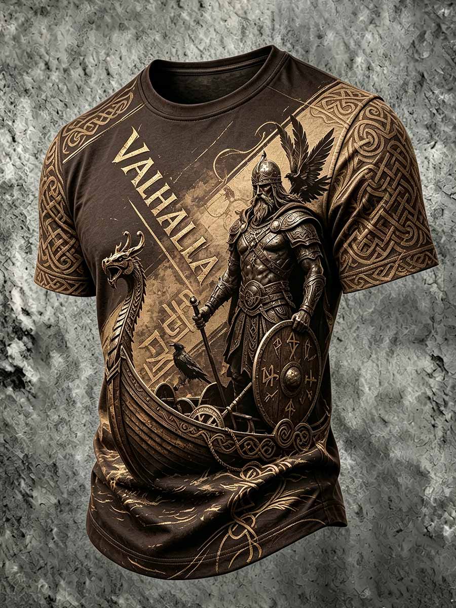 Herren Retro-Wikinger-Krieger bedrucktes kurzärmliges T-Shirt