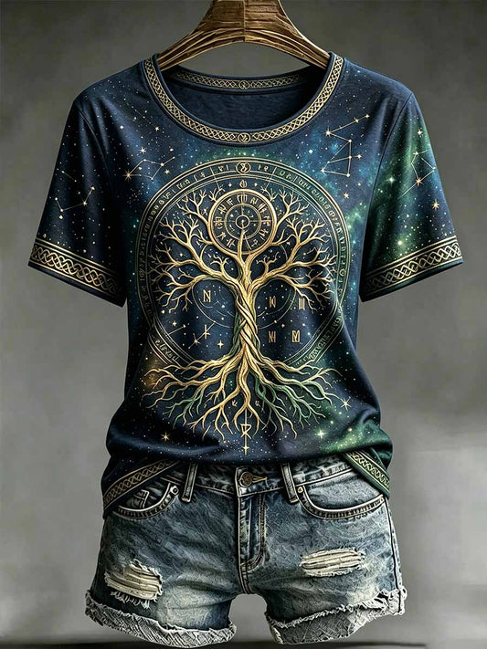 Frauen Vintage Baum des Lebens Tierkreis druck T-Shirt