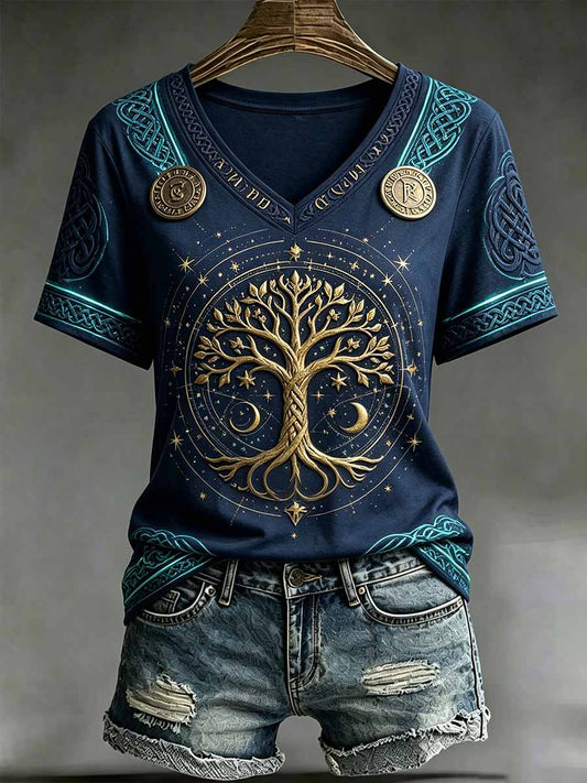 Damen-Vintage-T-Shirt mit Lebensbaum- und Tierkreis-Print