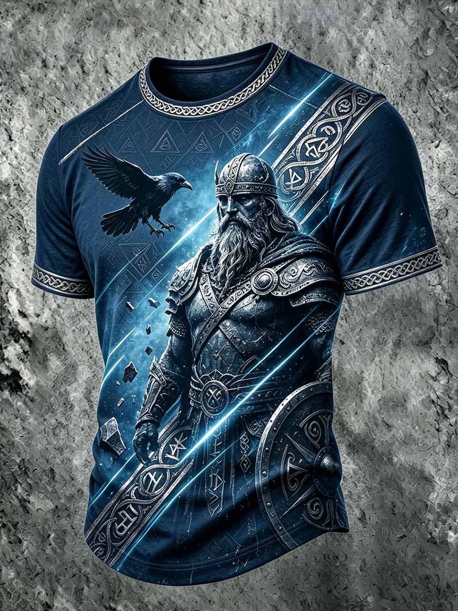 Herren-Retro-Vikingerkrieger-Print-Lässiges Kurzarm-T-Shirt