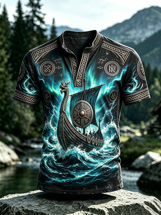 Herren-Retro-Viking-Print-Lässiges Kurzarm-T-Shirt