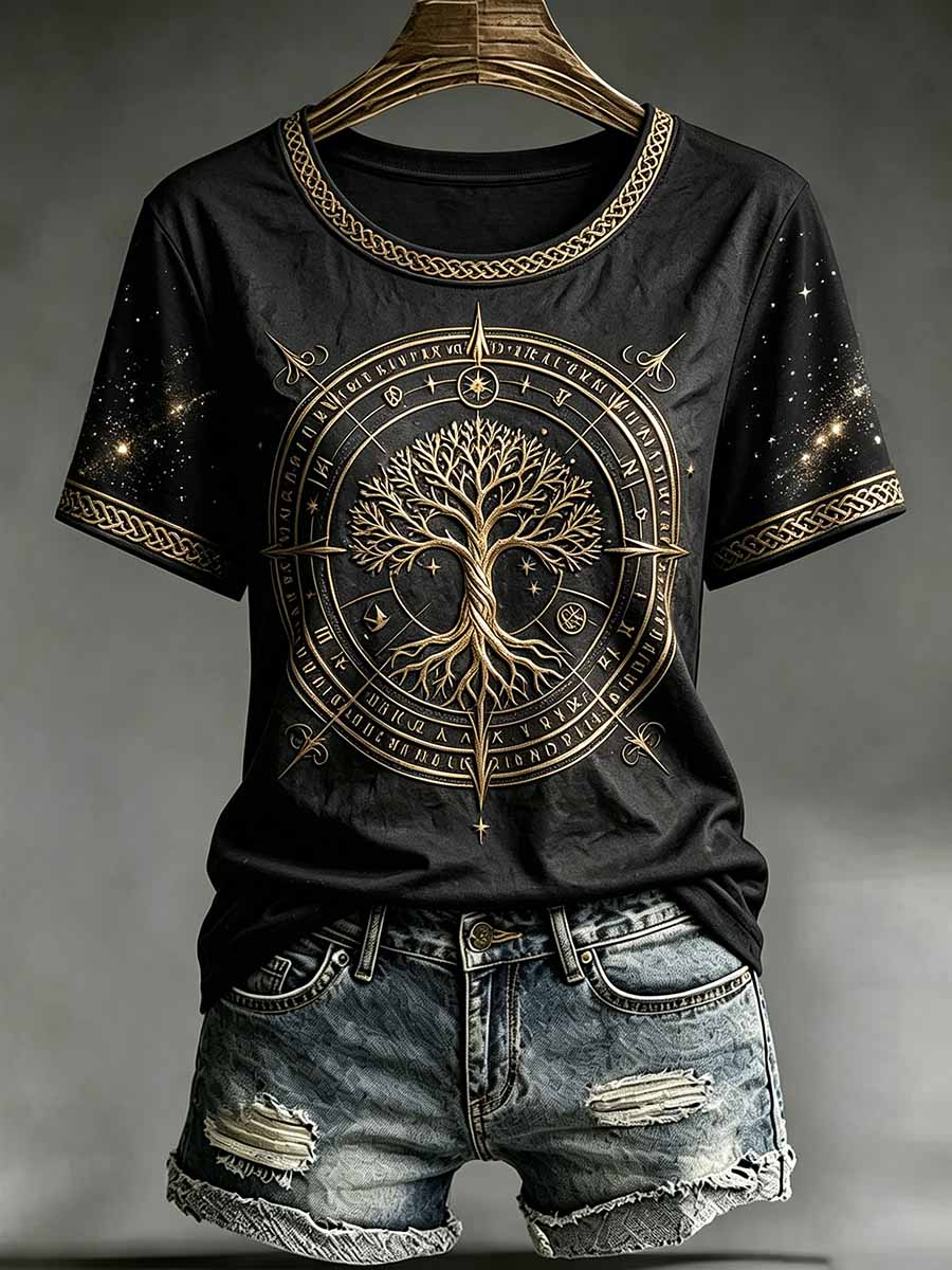 Frauen Vintage Baum des Lebens Tierkreis druck T-Shirt