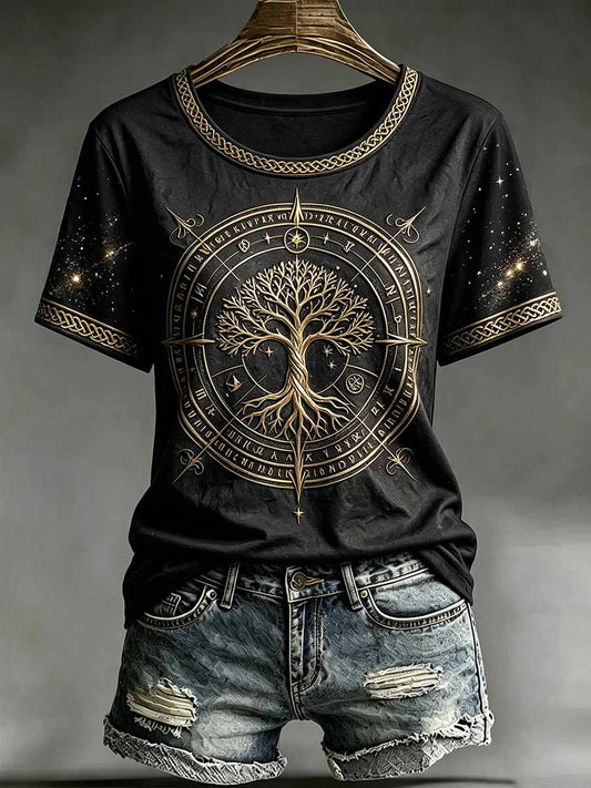 Frauen Vintage Baum des Lebens Tierkreis druck T-Shirt