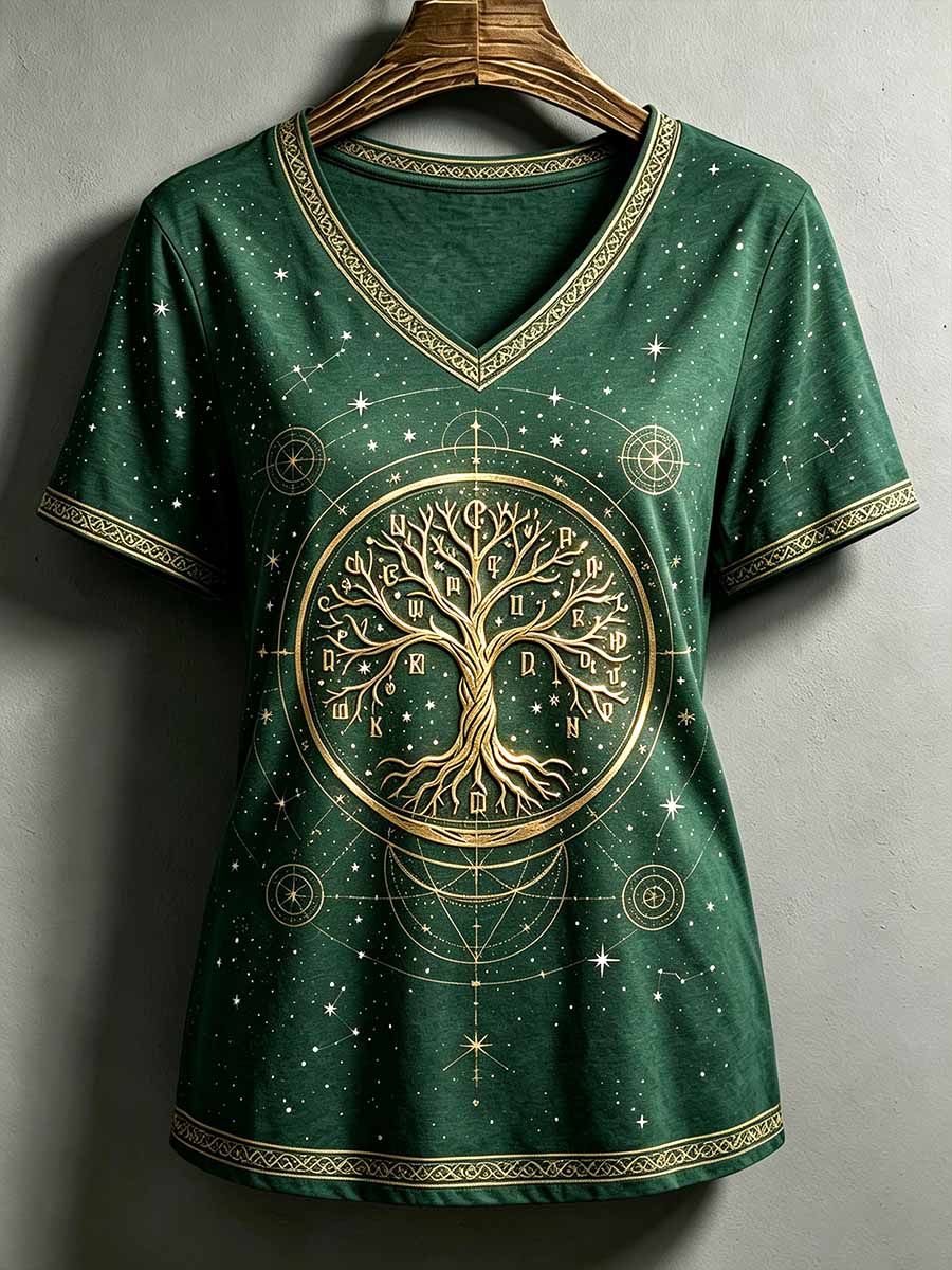 Damen-Vintage-T-Shirt mit Lebensbaum- und Tierkreis-Print