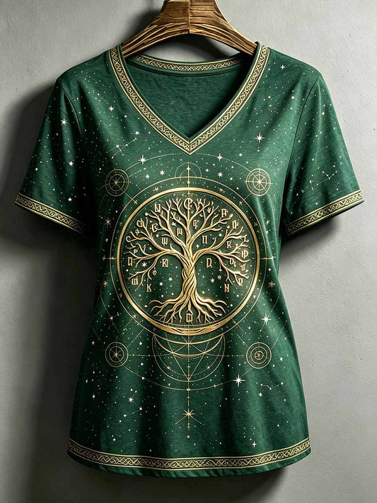 Damen-Vintage-T-Shirt mit Lebensbaum- und Tierkreis-Print