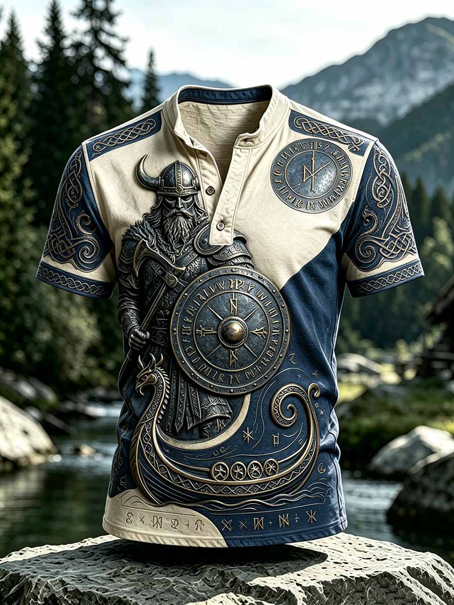 Herren Retro Viking Print Lässiges Kurzarm-T-Shirt