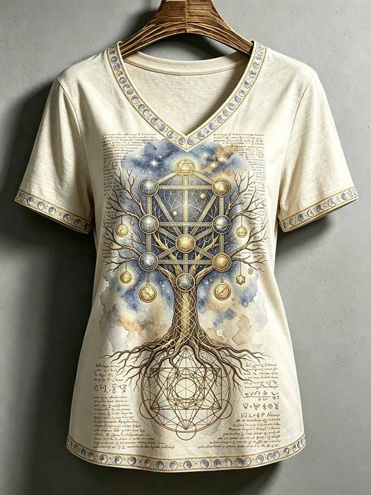 Damen-Vintage-T-Shirt mit Lebensbaum- und Tierkreis-Print