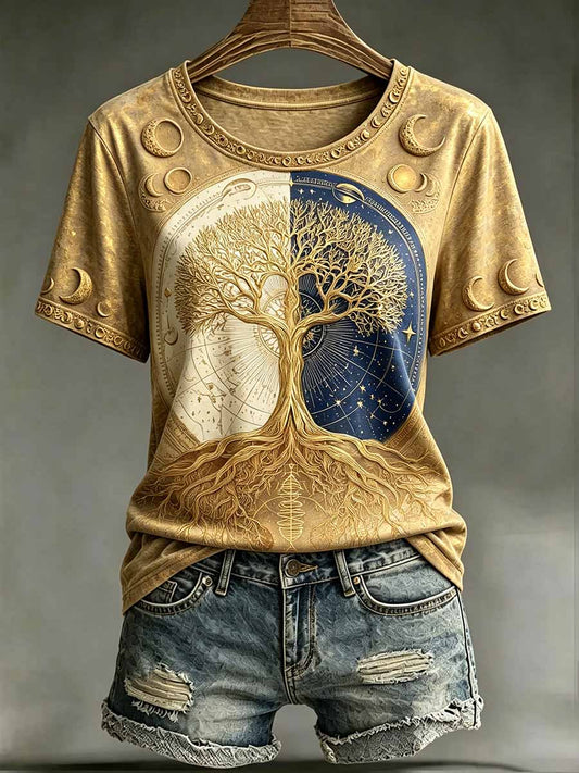 Damen-Vintage-T-Shirt mit Lebensbaum- und Tierkreis-Print