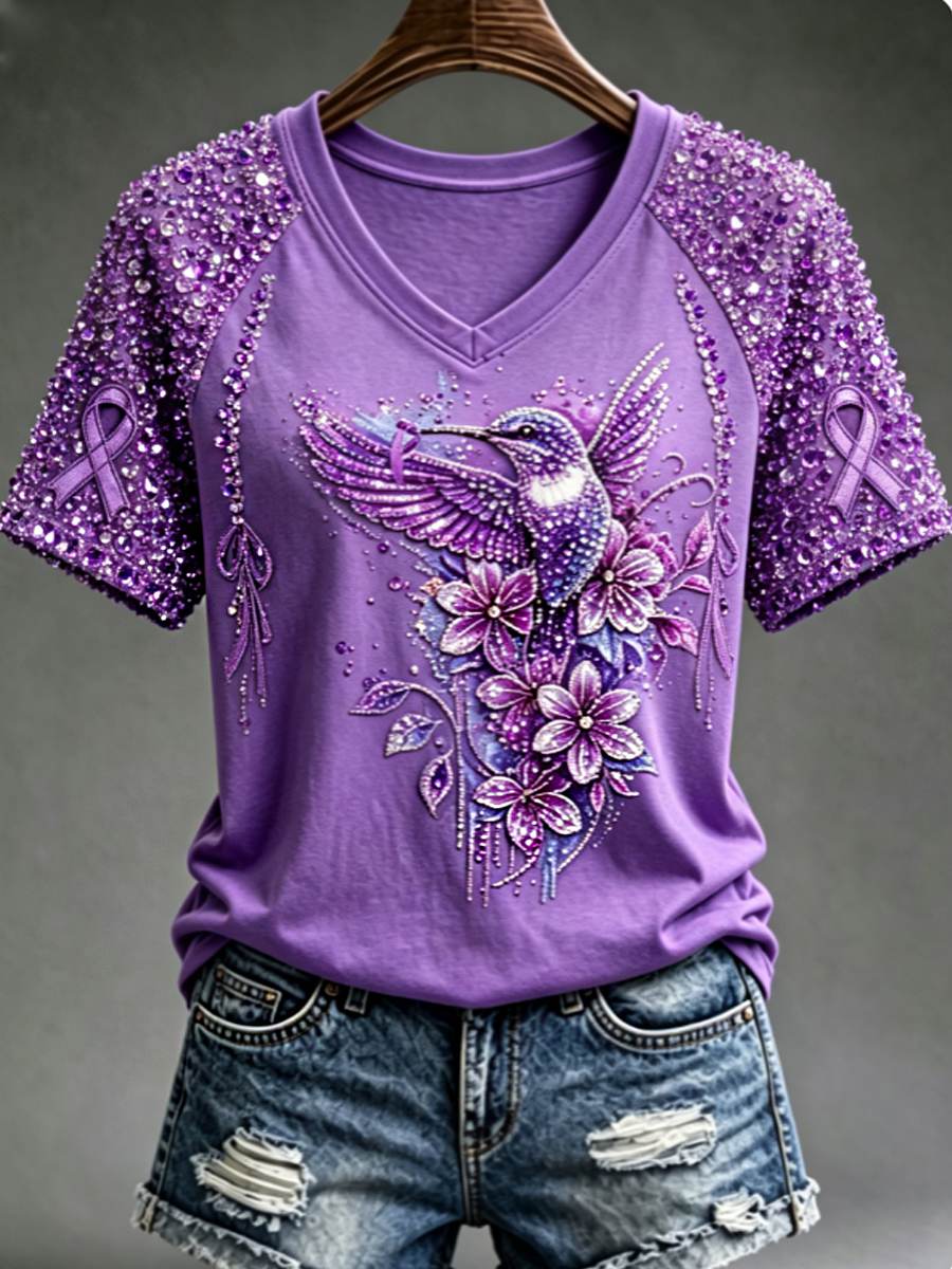 Damen-T-Shirt mit violetter Blumen- und Kolibri-Print-Aufschrift zur Sensibilisierung für Alzheimer, V-Ausschnitt