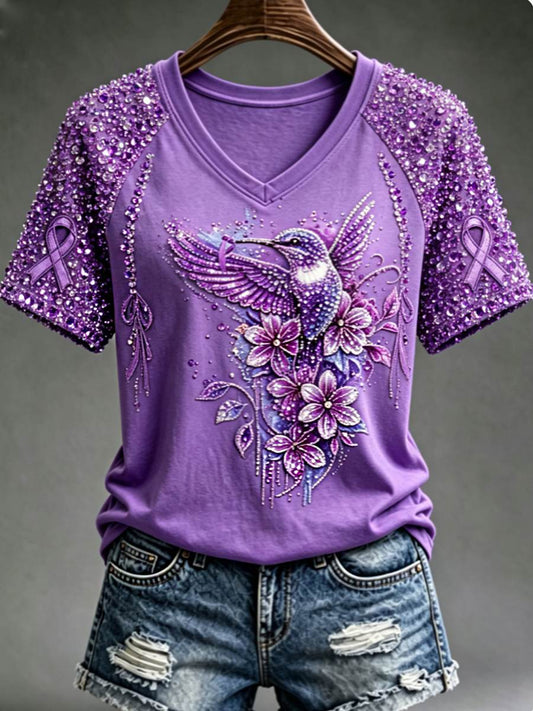 Damen-T-Shirt mit violetter Blumen- und Kolibri-Print-Aufschrift zur Sensibilisierung für Alzheimer, V-Ausschnitt