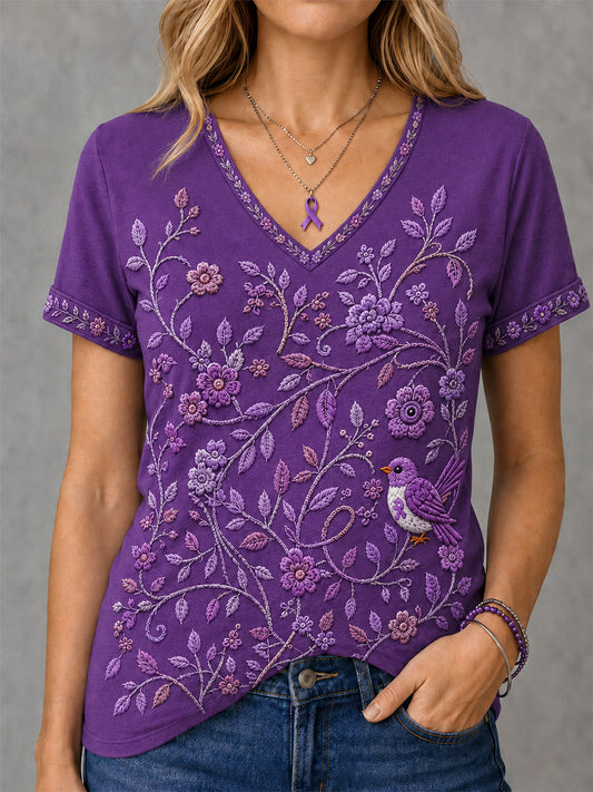Damen-T-Shirt mit violetter Blumen- und Kolibri-Print-Aufschrift zur Sensibilisierung für Alzheimer, V-Ausschnitt