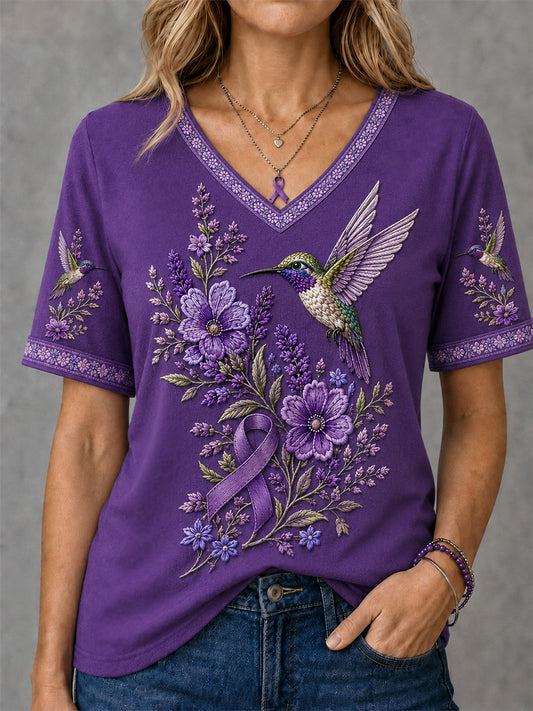 Damen-T-Shirt mit violetter Blumen- und Kolibri-Print-Aufschrift zur Sensibilisierung für Alzheimer, V-Ausschnitt
