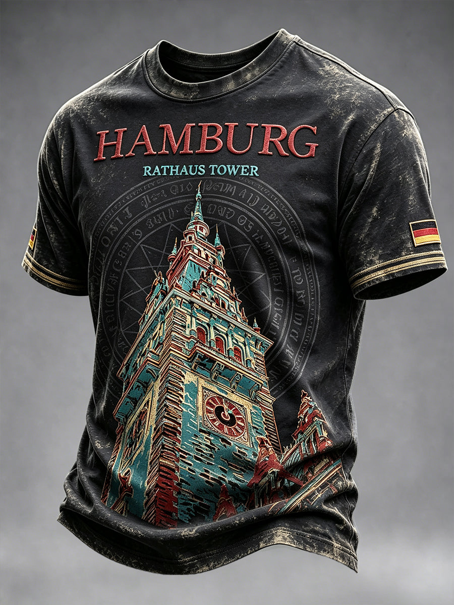 Herren-T-Shirt in Schwarz, im Vintage-Stil mit Hamburg-Print, lässig geschnitten
