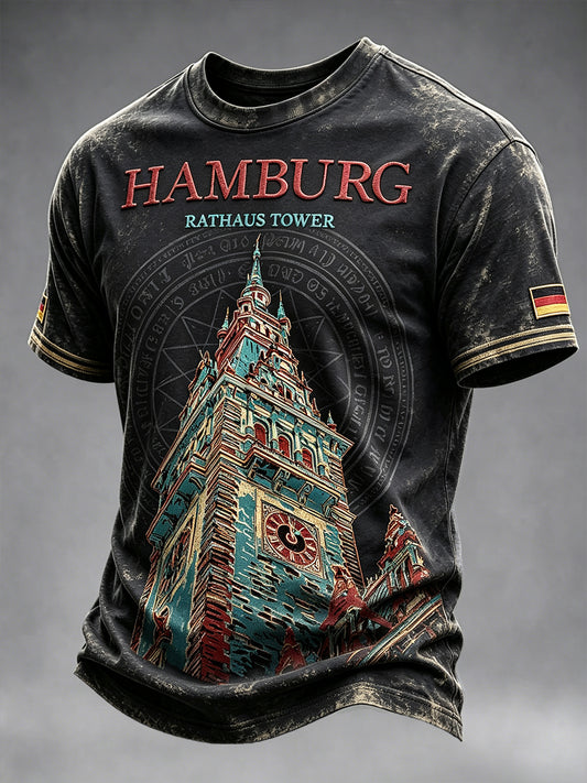 Herren-T-Shirt in Schwarz, im Vintage-Stil mit Hamburg-Print, lässig geschnitten