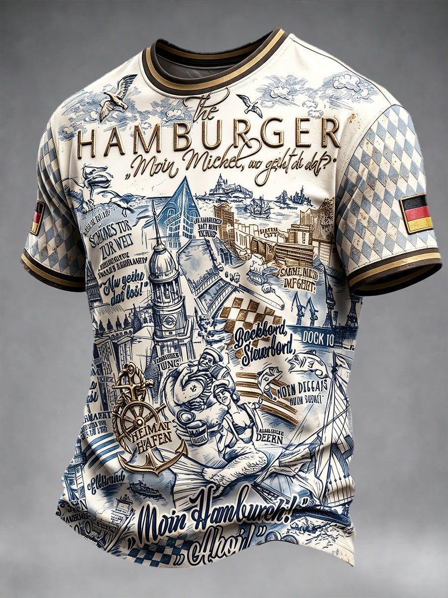 Herren-T-Shirt in deutschem Hamburger Stil mit Graffiti-Diamantmuster-Print, lässig geschnitten