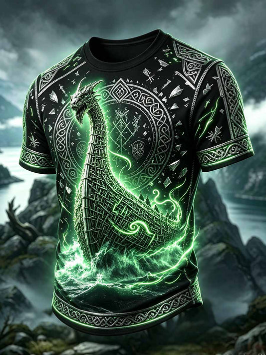 Herren-Lässiges T-Shirt im Vintage-Stil mit Drachen­schiff-Motiv der Wikinger