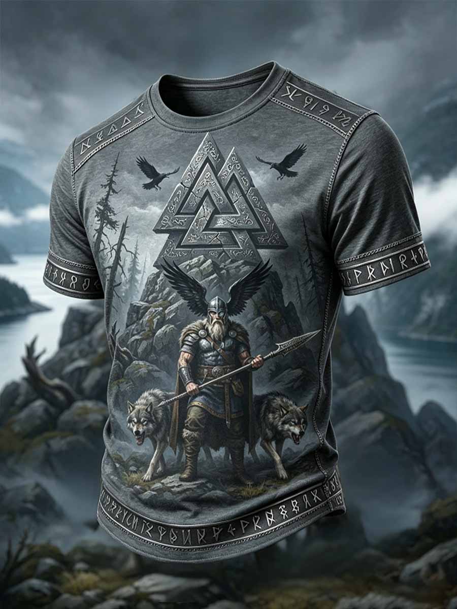 Herren-Retro-Vikingerkrieger-Print-Lässiges T-Shirt