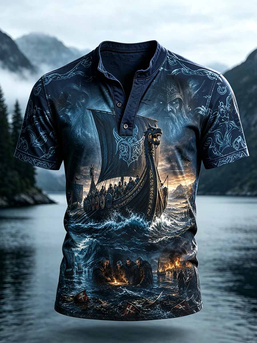 Herren-Retro-Vikingerkrieger-Print-Lässiges T-Shirt
