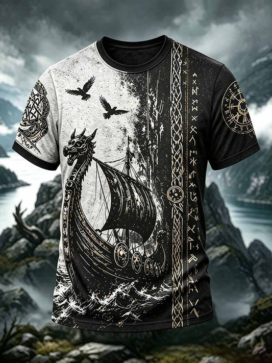 Herren-Lässiges T-Shirt im Vintage-Stil mit Drachen­schiff-Motiv der Wikinger