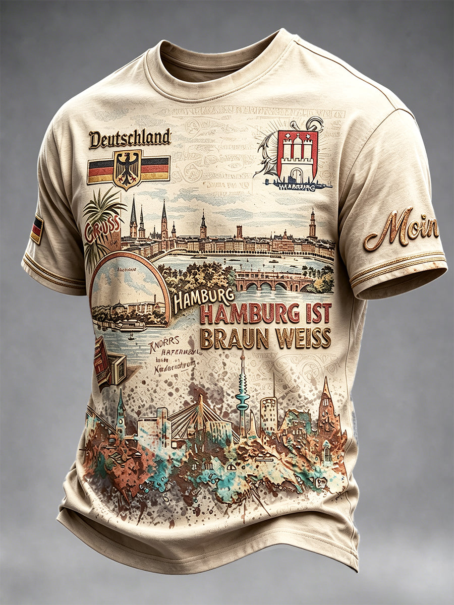 Herren-Vintage-T-Shirt mit deutscher Flagge und Hamburger Motiv, lässiger Stil