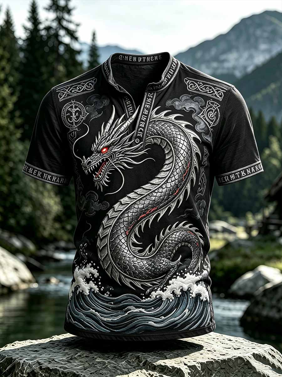 Herren Retro Wikinger Drachen Print T-Shirt