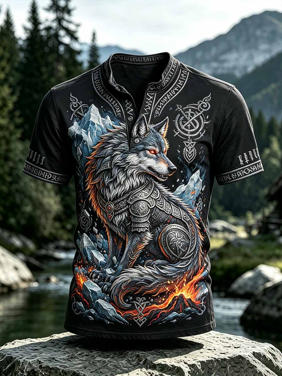 Herren Vintage Viking Wolf Print T-Shirt