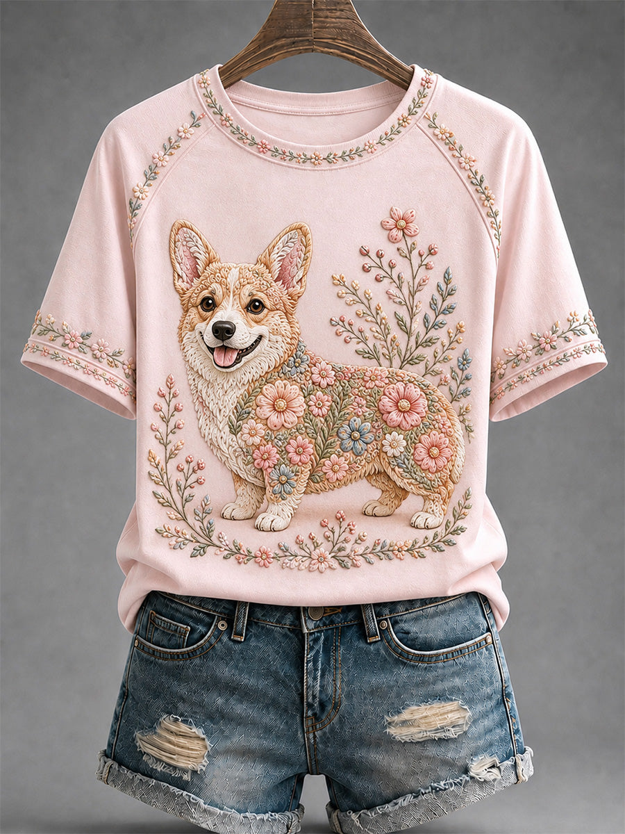 Damen-Freizeit-T-Shirt mit Blumen- und Hundeprint