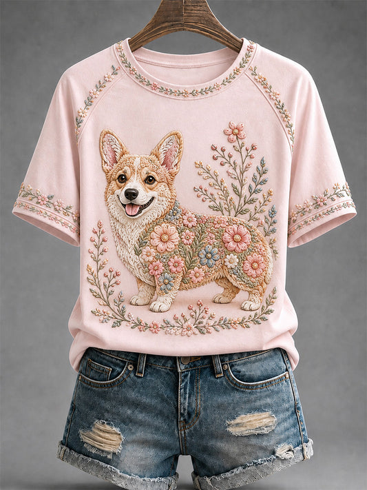 Damen-Freizeit-T-Shirt mit Blumen- und Hundeprint
