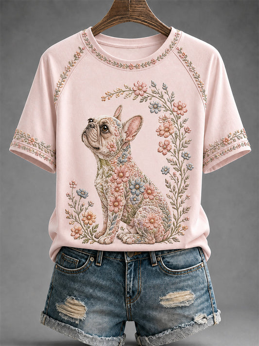 Damen-Freizeit-T-Shirt mit Blumen- und Hundeprint