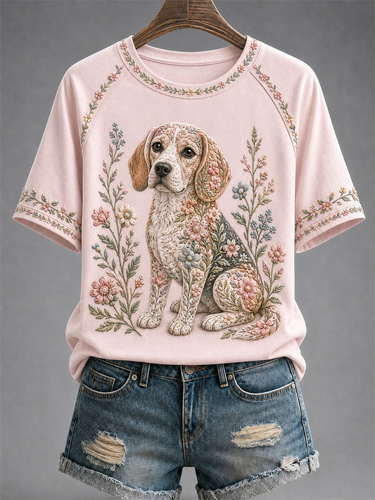 Damen-Freizeit-T-Shirt mit Blumen- und Hundeprint