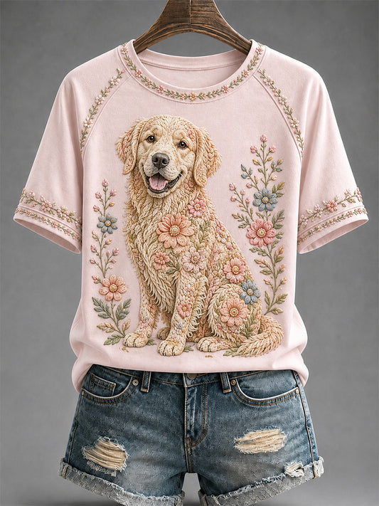 Damen-Freizeit-T-Shirt mit Blumen- und Hundeprint