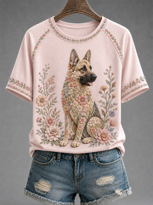Damen-Freizeit-T-Shirt mit Blumen- und Hundeprint