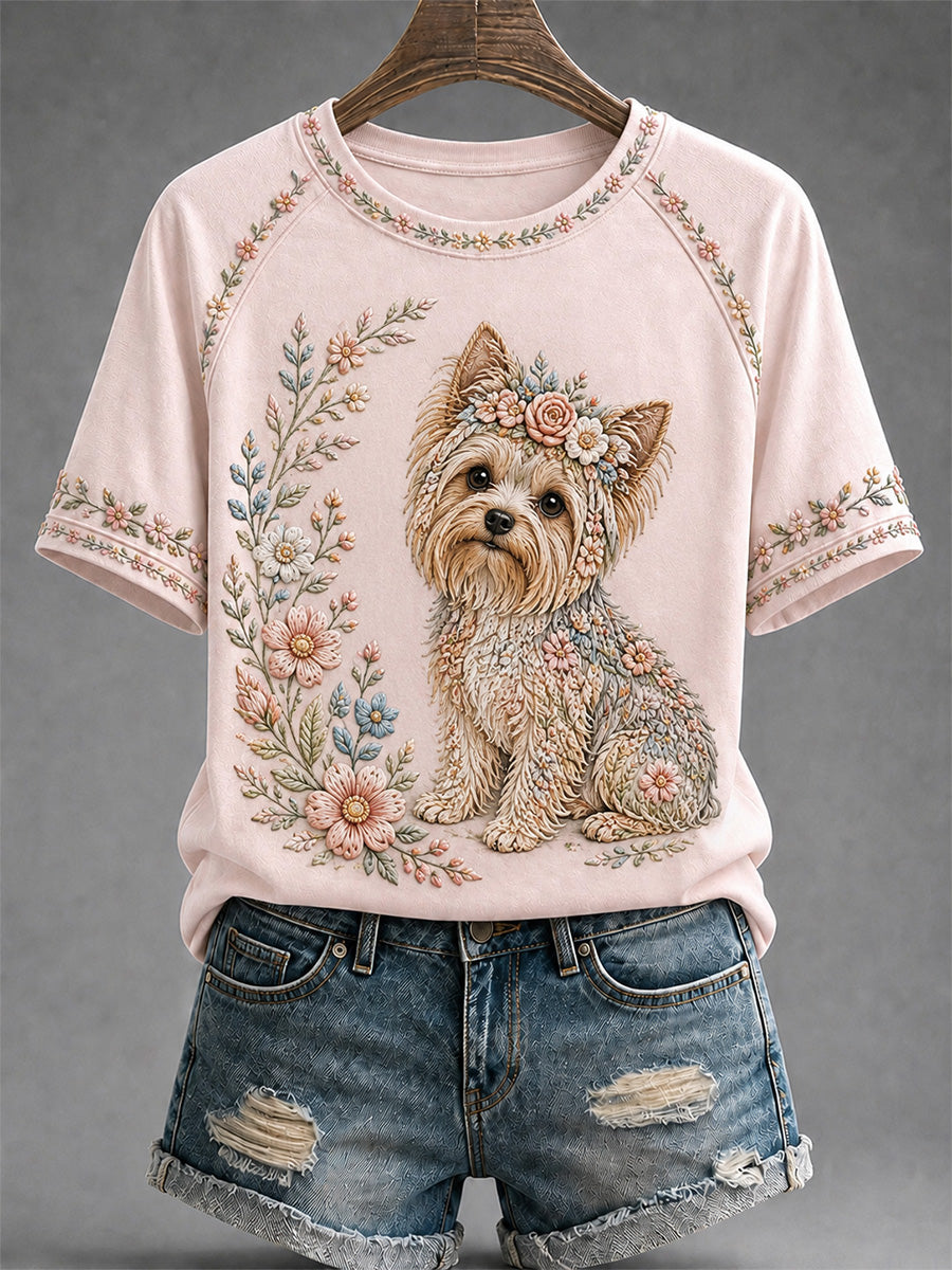 Damen-Freizeit-T-Shirt mit Blumen- und Hundeprint