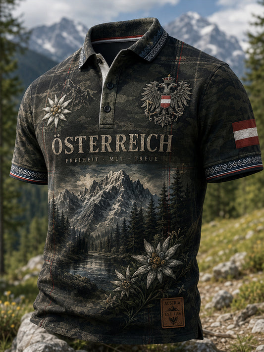 Herren-Poloshirt mit kunstvollem Druck in österreichischem Blumen- und Schneeberg-Design