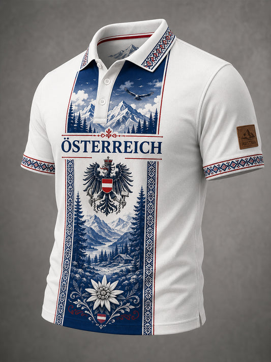 Herren-Poloshirt mit kunstvollem Druck in österreichischem Blumen- und Schneeberg-Design
