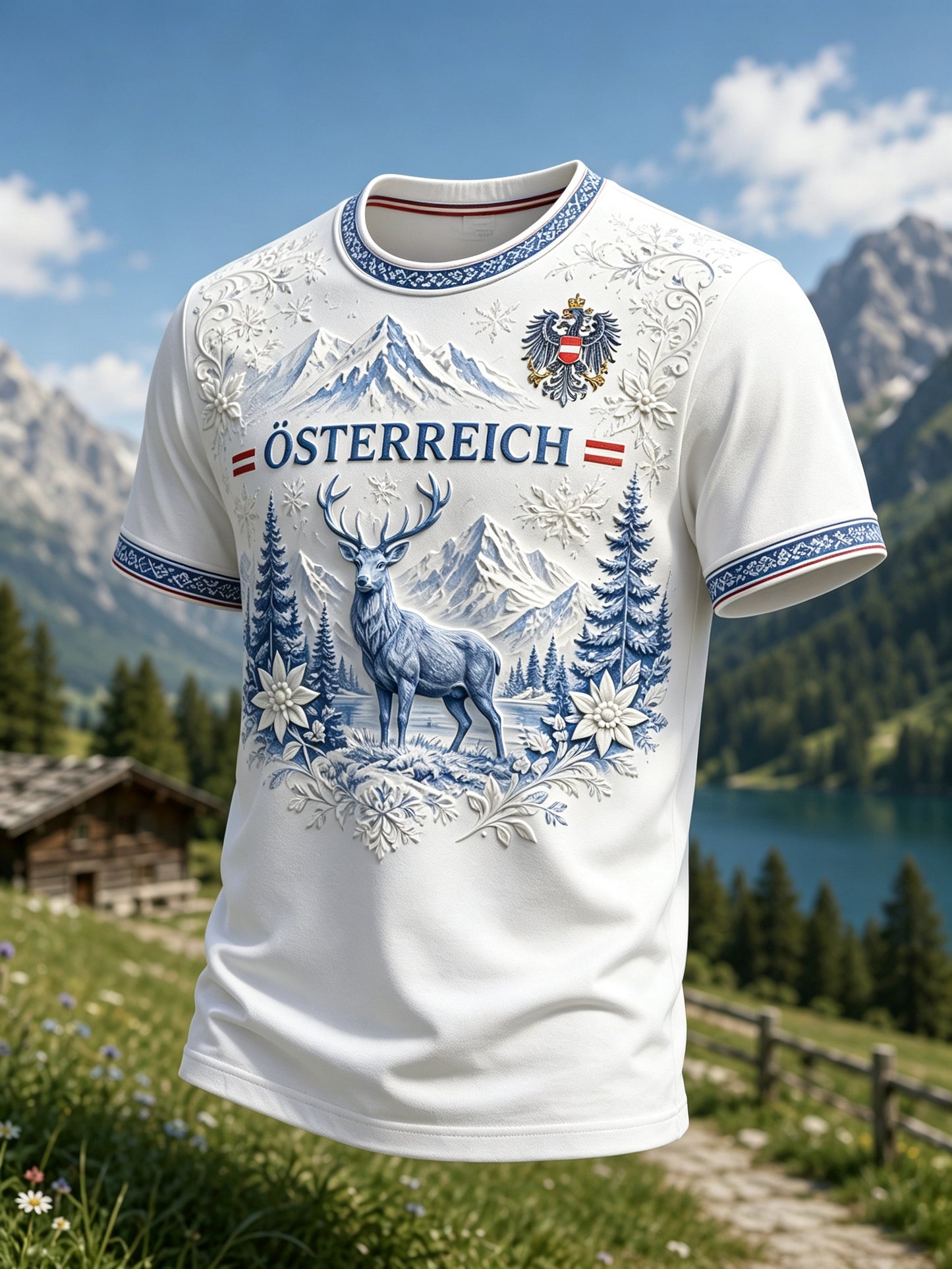 Herren-T-Shirt mit österreichischem Blumen- und Schneegebirge‑Motiv als Kunstdruck