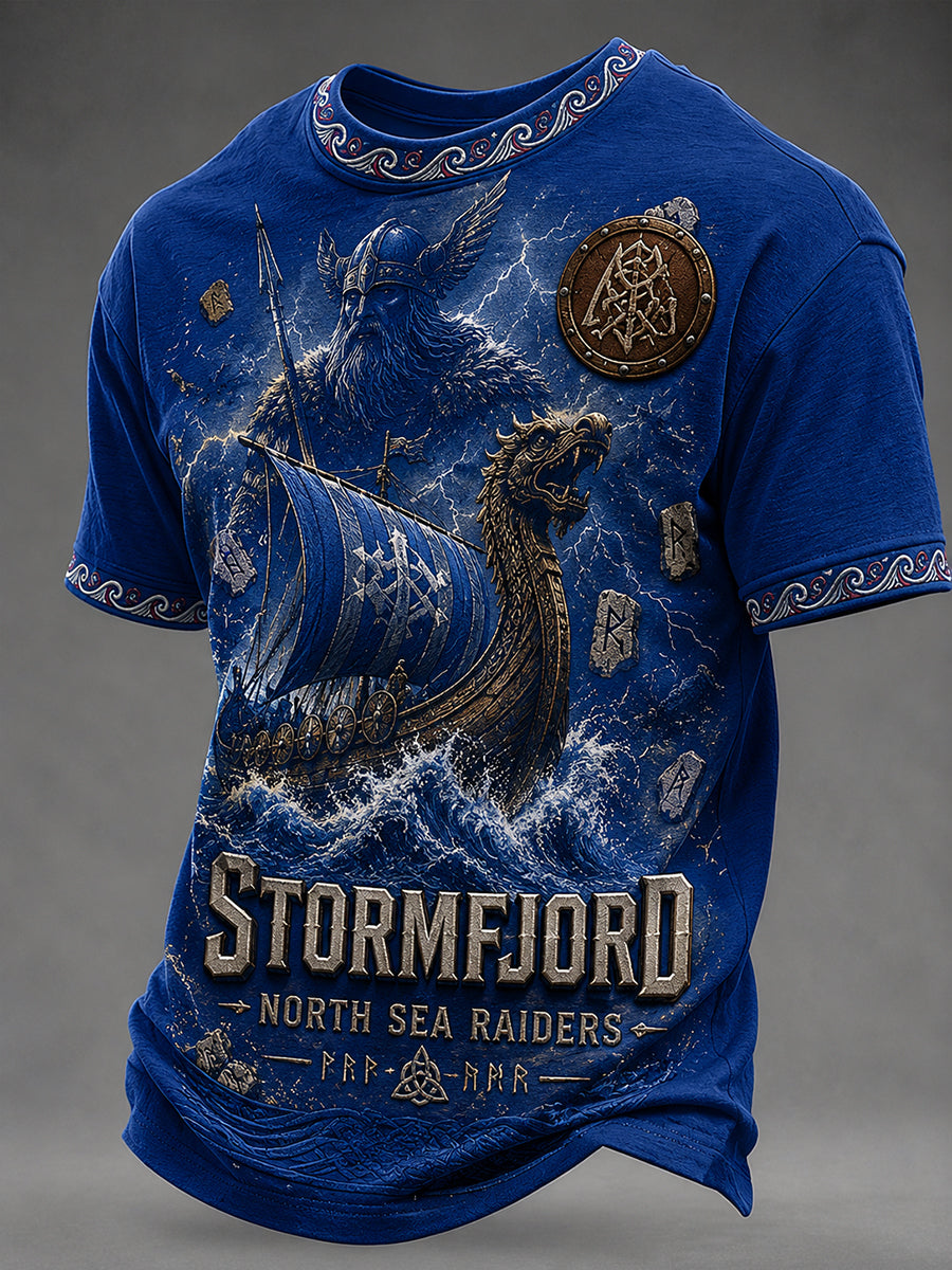 Lässiges T-Shirt im Vintage-Stil mit Wikinger-/Nordik-Art-Print