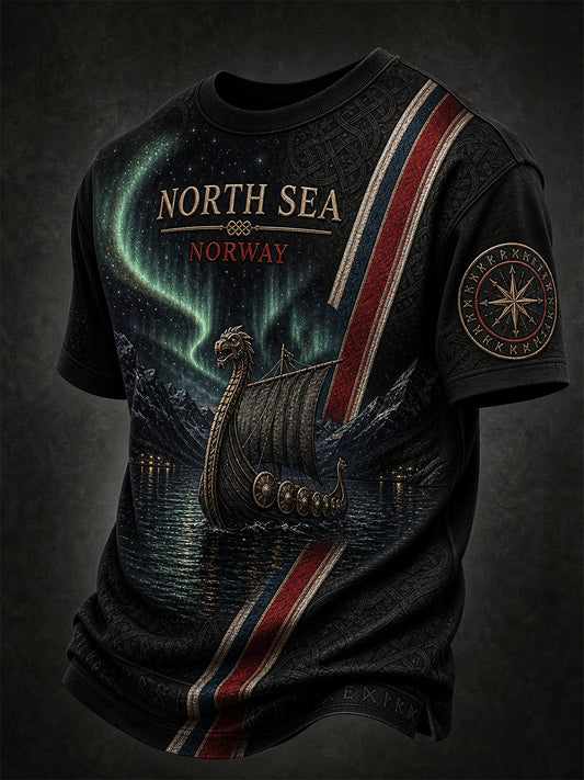 Lässiges T-Shirt im Vintage-Stil mit nordischer Wikinger-Kunst-Print