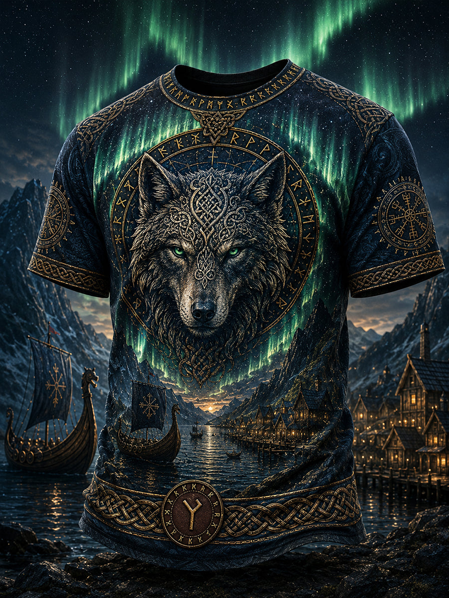 Vintage-Stil Casual T-Shirt mit Viking Norse Kunstdruck